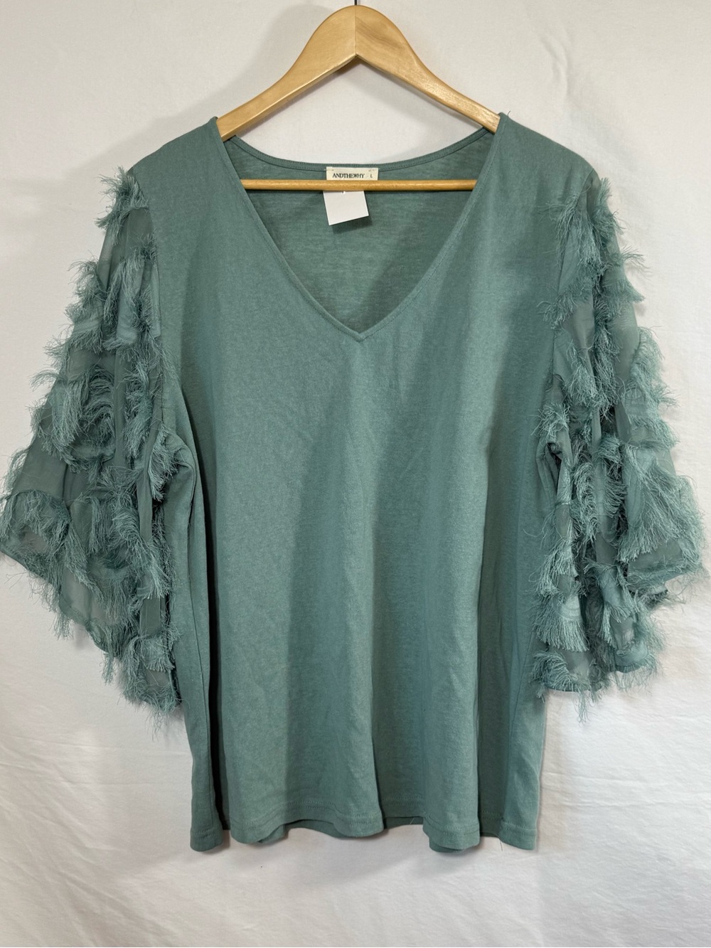 AndTheWhy Los Angeles Sage Green Fringe Eyelash Sleeve Top